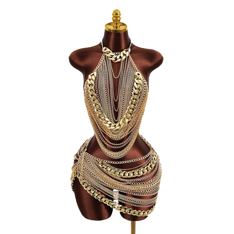 YOUR BUMP CURVE Handcrafted spliced metal chain hollowed-out tassels irregular mini combination sexy women TV RED carpet