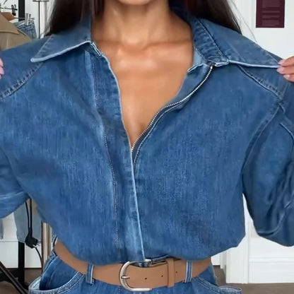 Casual Denim Long Jumpsuits Women Lapel Long Sleeves Zipper Belts Loose Pants Bodysuits Female 2026 Autumn New Chic Streetwears
