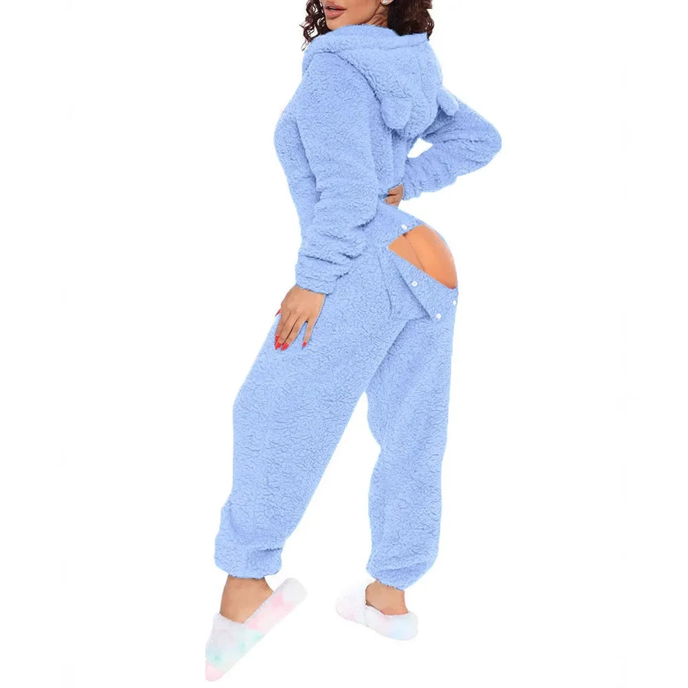 Sexy Cute Plush Autumn Winter Long Sleeve Hooded Romper Back Butt Bum Open Ass Flap Plush Jumpsuit Women Thick Sleepwear