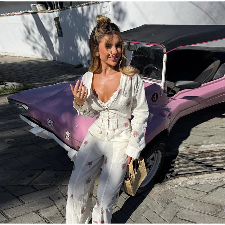Printed Lace PatchWork Women's Jumpsuit V Neck Long Sleeves Jumpsuits Slim Fit Jumpsuit for Lady 2026 Summer Club Tops
