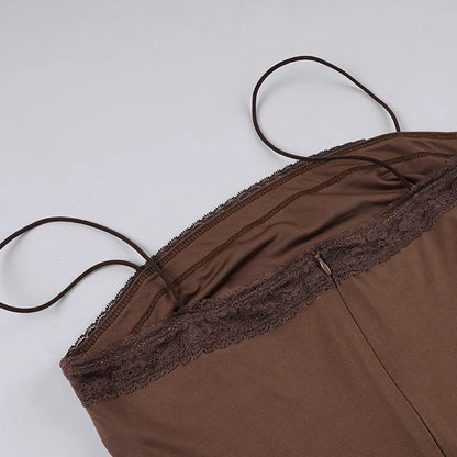 SUCHCUTE Sexy Lace Patchwork Strapless Jumpsuit Women Brown Rompers Y2k Casual Bodysuits Vintage One-piece Suit Summer Aesthetic