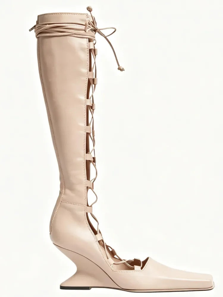 2026 Summer Hollow Out Strap Square Shaped Thick High Heels Summer Cool Boots Fashionable and Sexy Women's Sandals