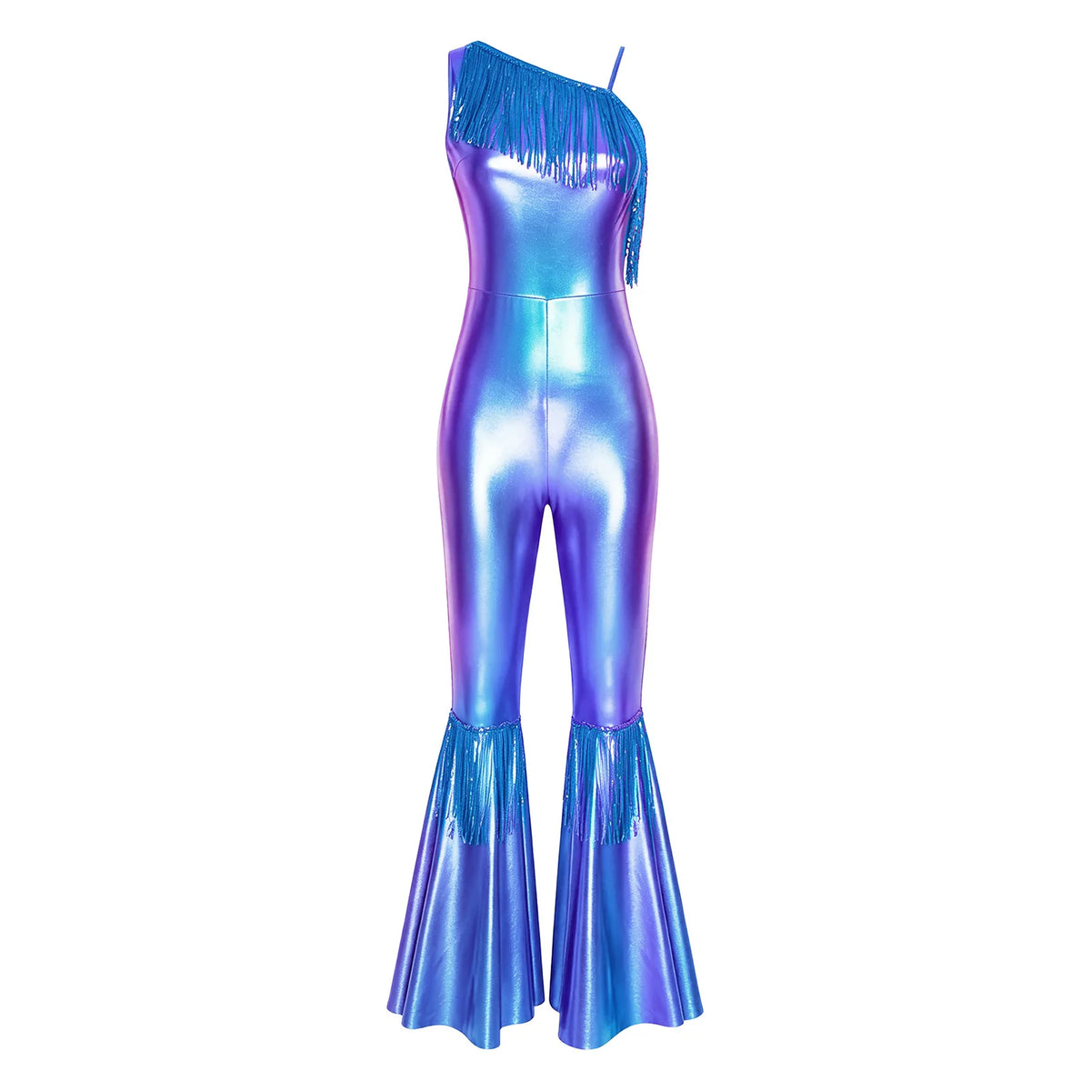 Womens 70s 80s Hippie Costume Disco Jazz Dance Jumpsuit Sequin Tassel One Shoulder Metallic Shiny Bell Bottom Rompers Clubwear