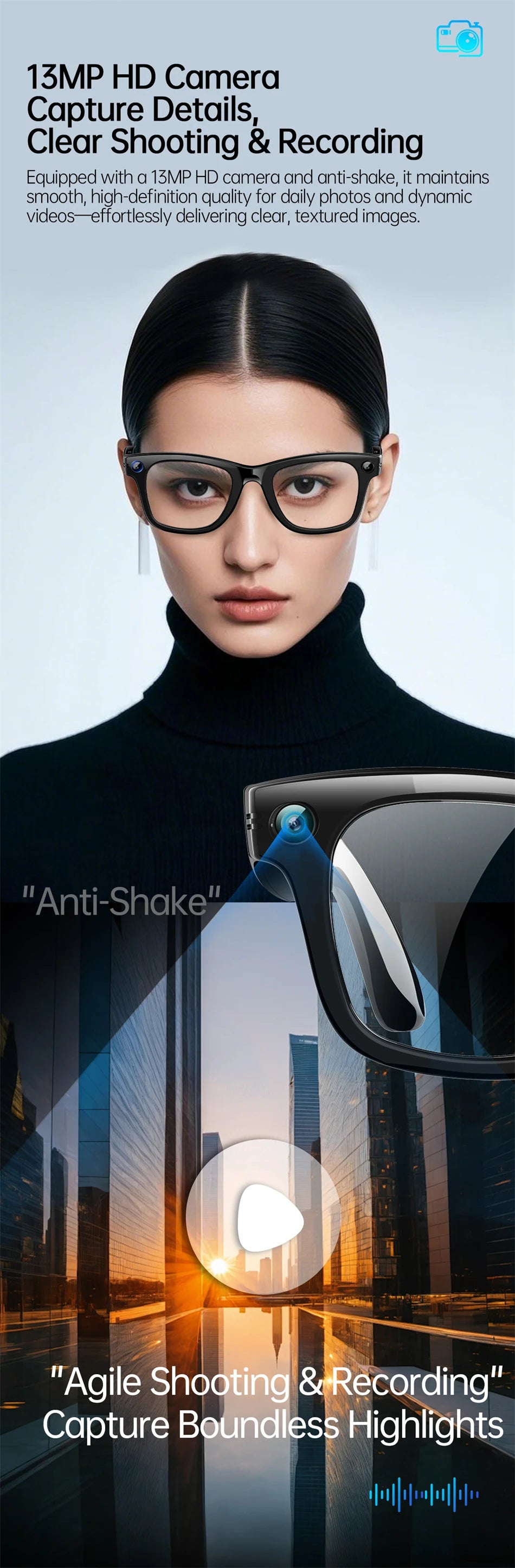 13MP HD Camera Smart Glasses AI Translation Anti-shake Photography Video Recording WIFI Transmission Bluetooth Sports Sunglasses