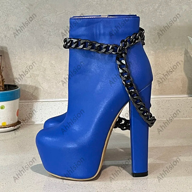 Ahhlsion New Women Winter Ankle Boots Platform Chunky Heels Chain Round Toe Pretty Blue Party Shoes Ladies US Plus Size 5-20