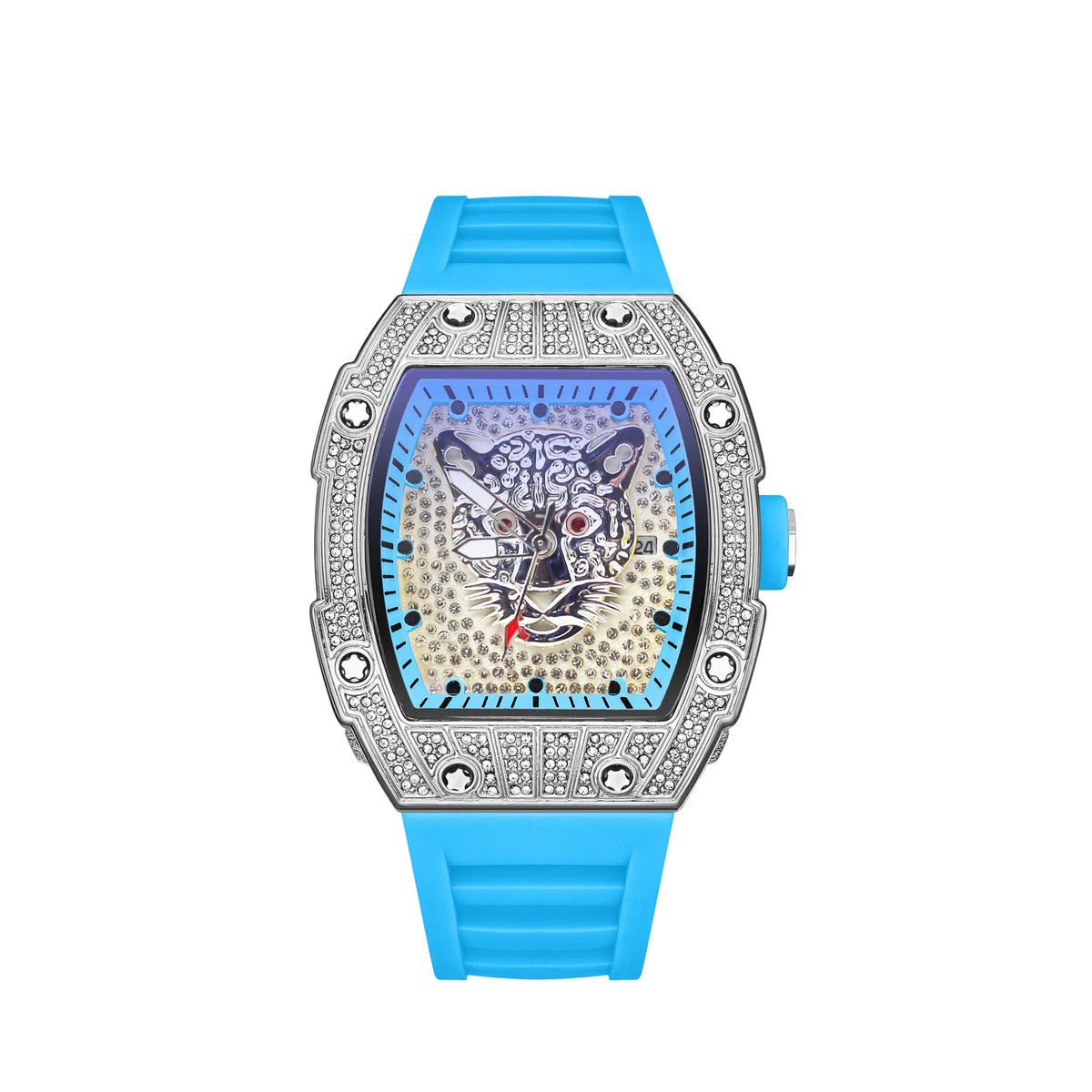 Tonneau Hollow Diamond Leopard Dial Quartz Watch Men Luxury Luminous Fashion Waterproof Rubber Sport Watches Men Steel Men Clock