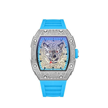 Tonneau Hollow Diamond Leopard Dial Quartz Watch Men Luxury Luminous Fashion Waterproof Rubber Sport Watches Men Steel Men Clock
