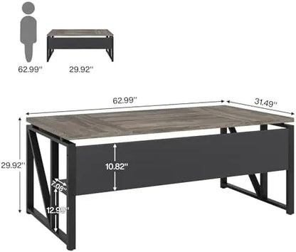 63 inches Computer Desk with Bottom Storage Shelf Home Office Desk Writing Table for Workstation,Dark Walnut + Steel