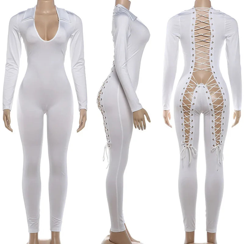 Sexy Party Club Night Out Outfits Woman Jumpsuits and Rompers Long Sleeve Open Back Lace-up Hollow Out Bandage Bodycon Overalls