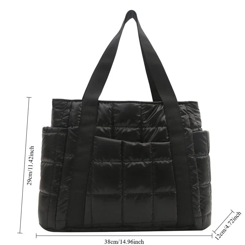 Space Padded Women Shoulder Bags For Winter 2025 Large Capacity Black Handbags Designer Nylon Cotton Warm Tote Solid