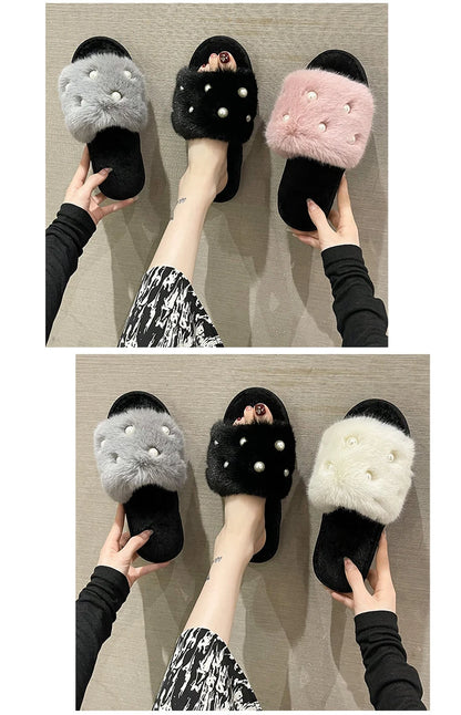 Perle Fluffy Slippers Home Winter Casual Designer Shoes Women 2025 New Luxury Indoor Plush Slides Girls Fashion Elegant Footwear