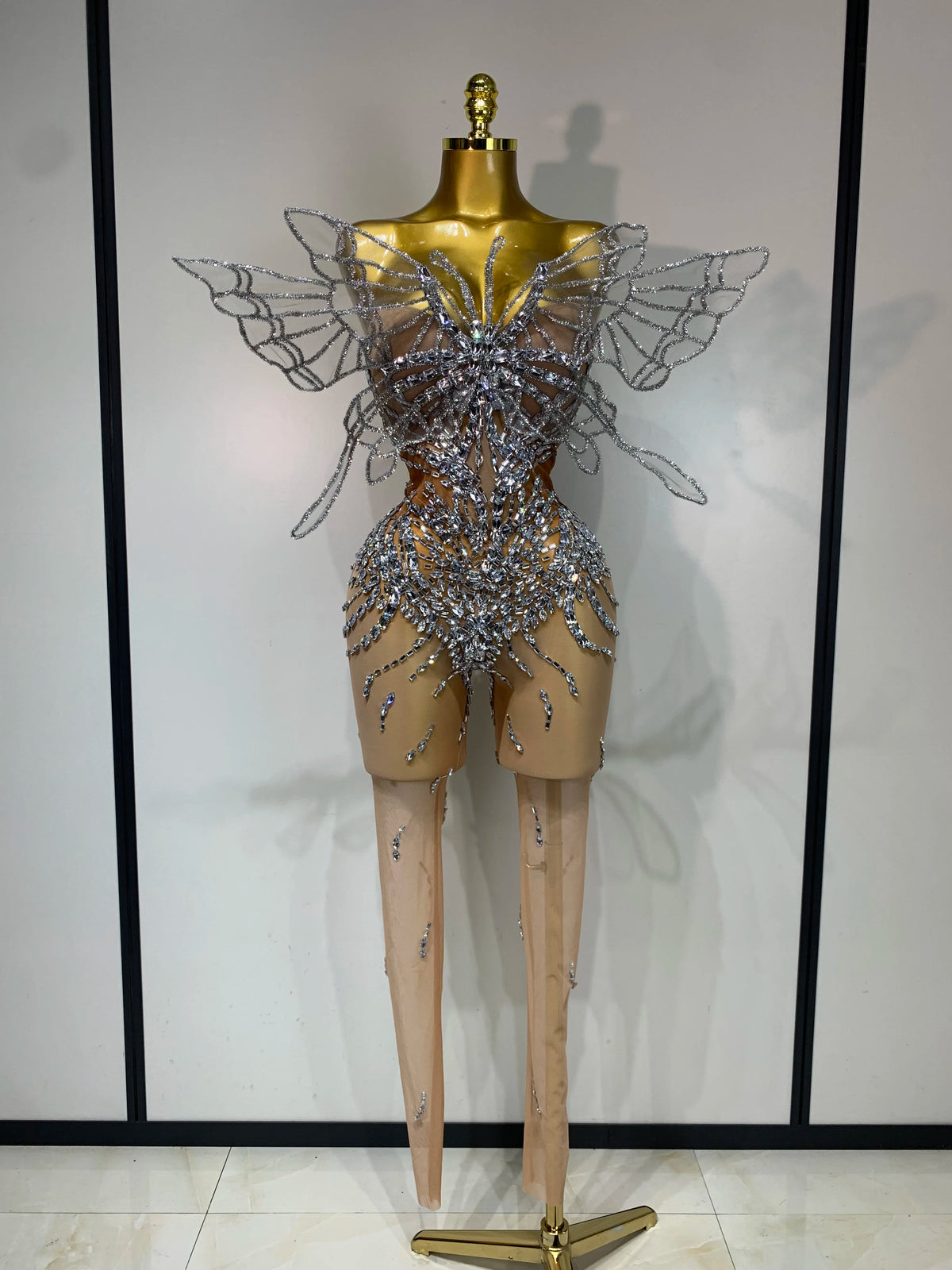 Sparkly Silver Diamond Butterfly Strapless Sheer See Through Jumpsuit Eveing Party Birthday Bar Nightclub Sexy Stage Costumes