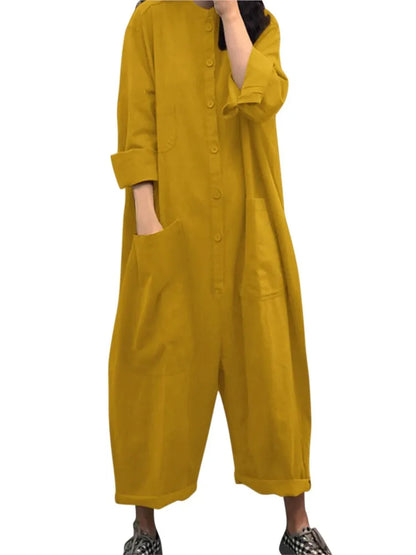 Solid Color Casual Loose Pocket Jumpsuit Women New Fall Simple Long Sleeve Shirt Female Vacation Rompers Fashionable Streetwear