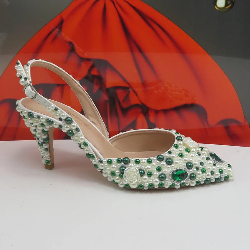 BaoYaFang Green Pointed Toe Pearl Bridal Wedding Shoes and Bag Thin Heel Slingbacks Female Ladies Party Shoe Shallow Women Shoes