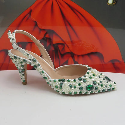 BaoYaFang Green Pointed Toe Pearl Bridal Wedding Shoes and Bag Thin Heel Slingbacks Female Ladies Party Shoe Shallow Women Shoes
