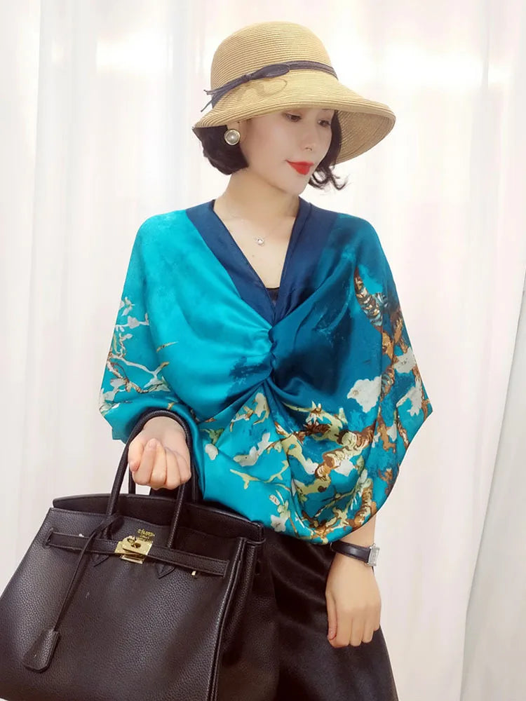 Designer Almond Blossoms Printed Silk Scarf Women Luxury Sun Protection Shawl Ladies Summer Beach Pareo Sarong Travel Wrap 180cm