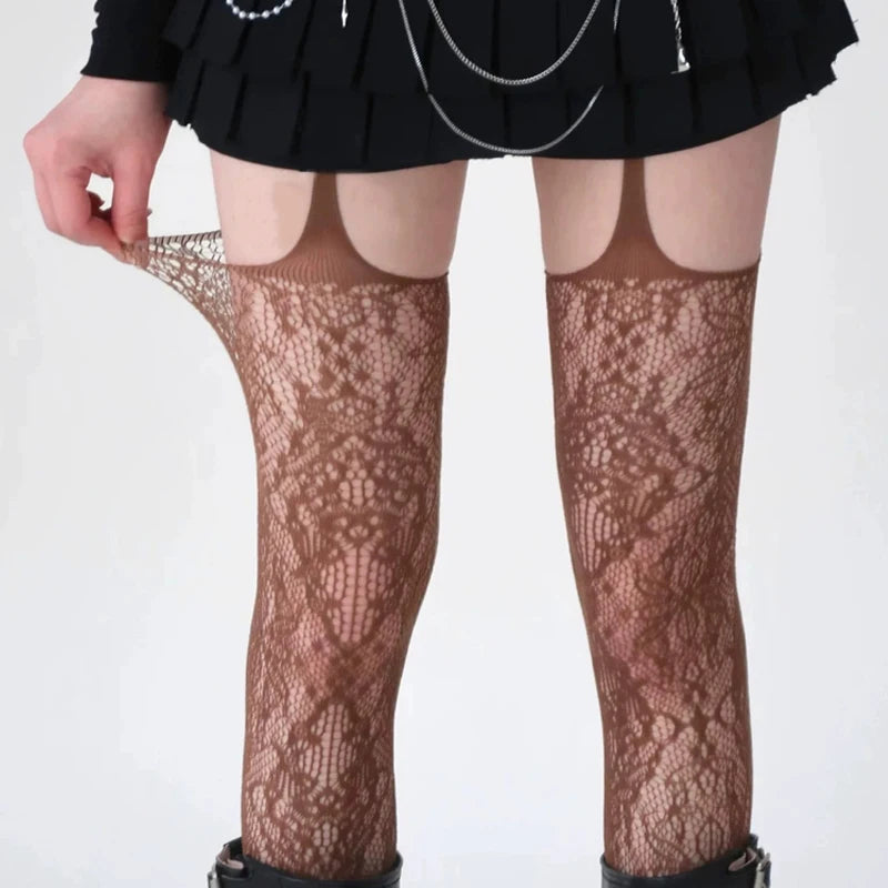 Korean INS Hollowed Lace Mesh Stockings Women Pantyhose Hot Tights Japanese Lolita Retro Floral Rattan Black White Long Socks