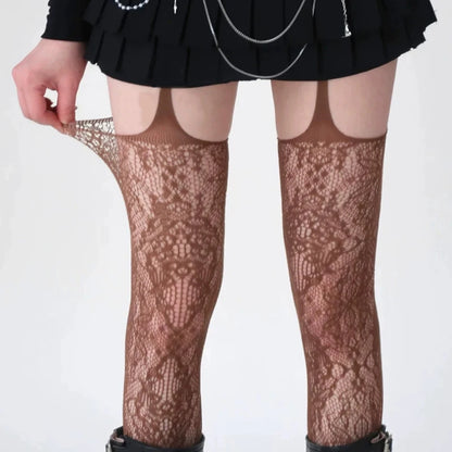 Korean INS Hollowed Lace Mesh Stockings Women Pantyhose Hot Tights Japanese Lolita Retro Floral Rattan Black White Long Socks