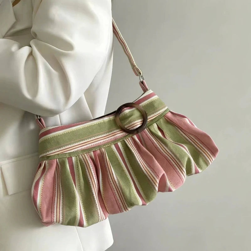 Pleated Design Dumpling Bag Retro Polka Dot Wooden Button Decor Handbag Soft Striped Shoulder Bags Pattern Casual Commuter Bag