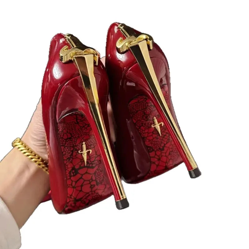 Early Spring New Women's High Heels, Slim Heels, Pointed Metal Sword, sexy Ladies, Black Patent Leather Single Shoes