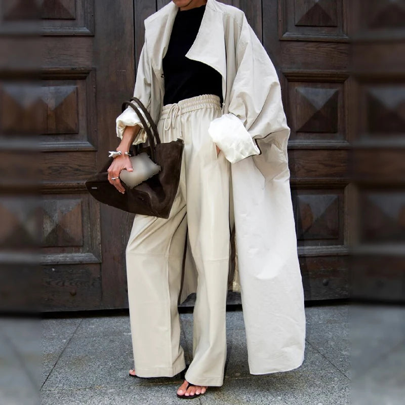 Convertible Collar Oversized Maxi Trench Coat Women Snap Buttons Dolman Sleeve Patch Pockets Outerwear New Ladies Trench Jacket