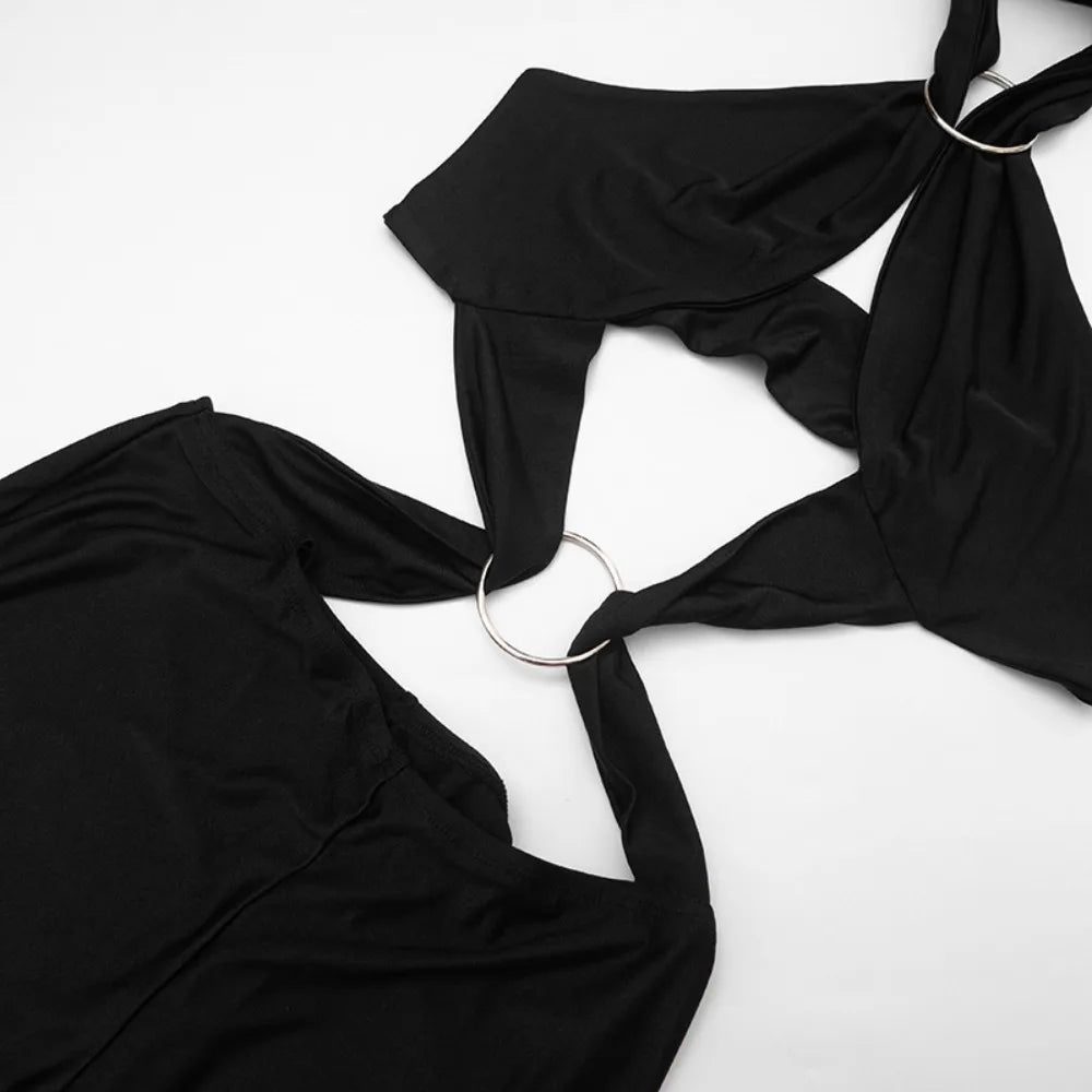 FLARORA Sexy Hollow Out Jumpuits Woman Metal Ring Decoration Halter Sleeveless Backless Skinny Rompers Midnight Party Clubwear