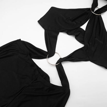 FLARORA Sexy Hollow Out Jumpuits Woman Metal Ring Decoration Halter Sleeveless Backless Skinny Rompers Midnight Party Clubwear