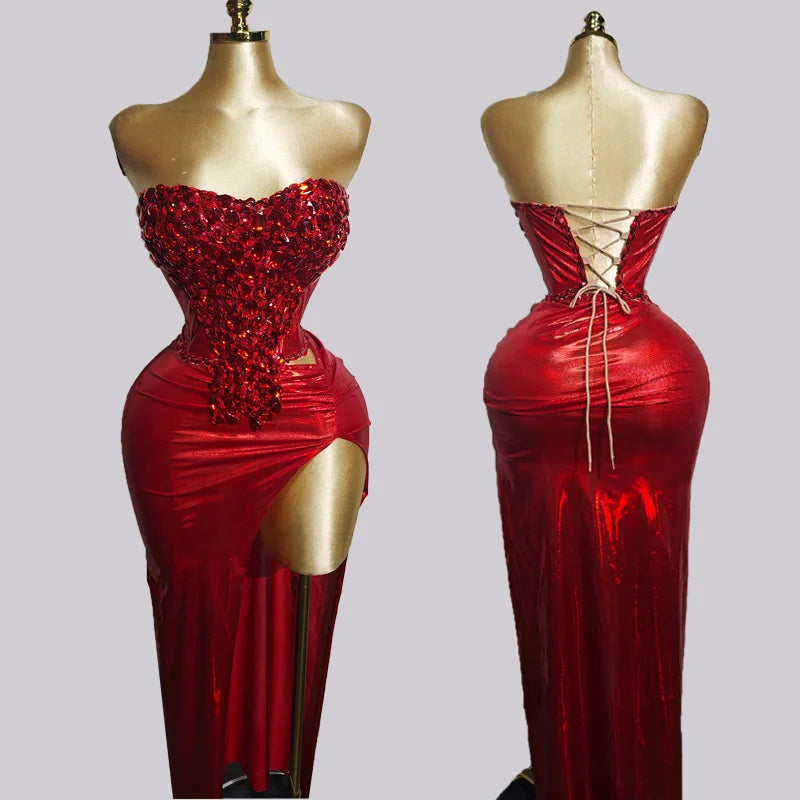 Woman Performance Suit Sexy Pink Backless Strapless Rhinestones Dress Event Costume Dancewear Top And Skirt Birthday Drag Club