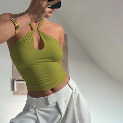 Hugcitar Women Fashion Halter Solid Loop Backless Bandage Sexy Crop Tank Top 2025 Summer Casual Clothes Streetwear Vacation Club
