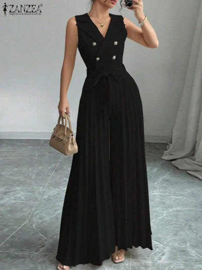 Fashion Women Jumpsuits 2026 ZANZEA Summer Rompers Elegant Wide Leg Work OL Overalls V Neck Sleeveless Pleated Playsuit Trousers