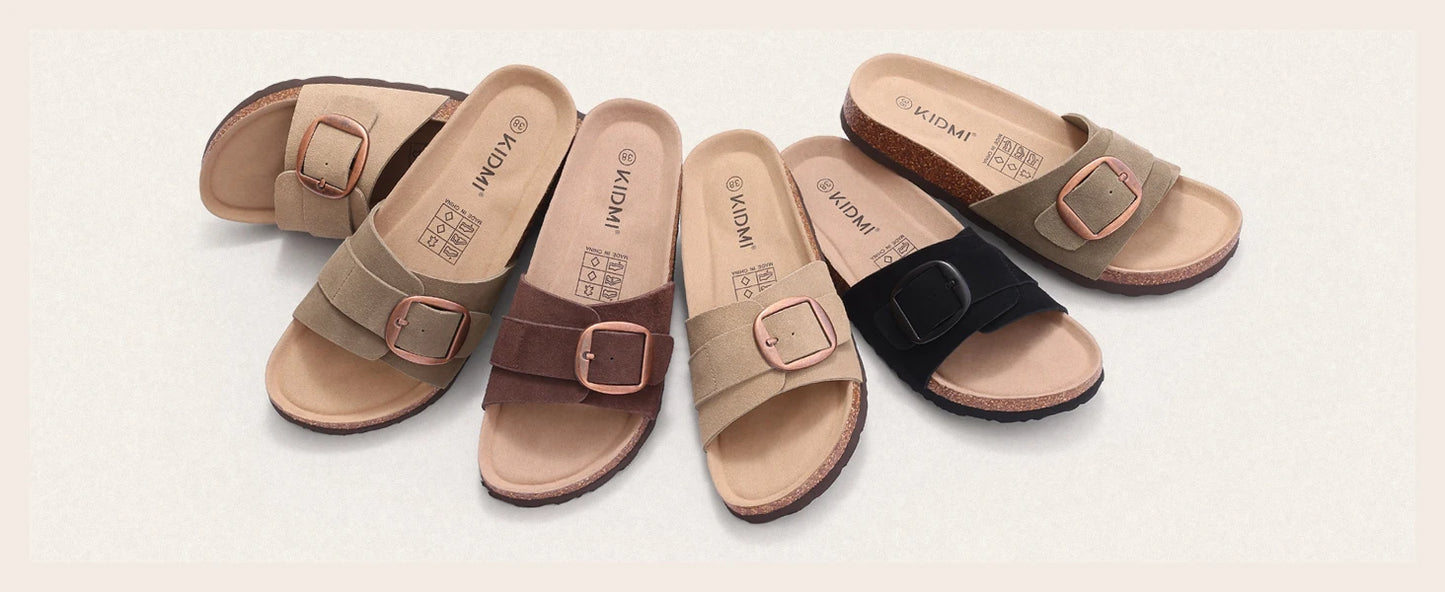 Comwarm Cork Footbed Sandals for Women Genuine Suede Slides Anti-slip Slides Comfortable Fashion Slippers with Adjustable Buckle