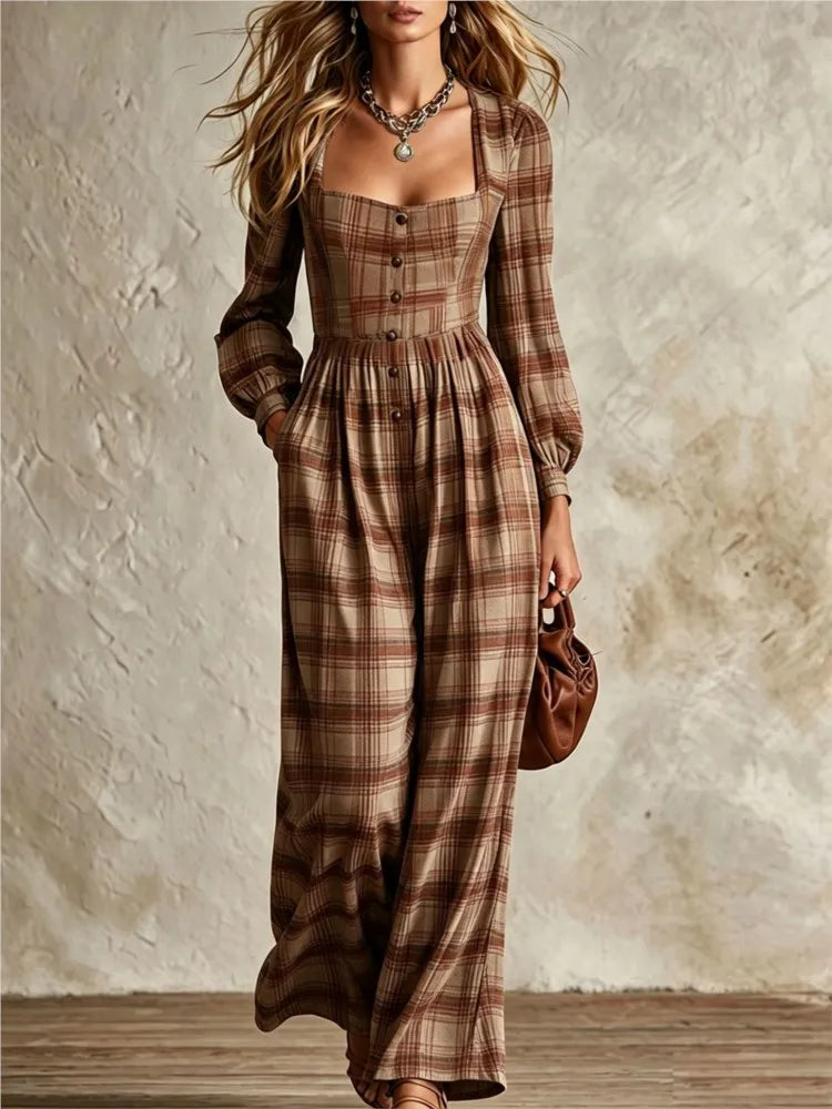 Women's Fashion Square Neck Retro Plaid Long Sleeve Jumpsuit Autumn New Waist Single Breasted Pocket Wide Leg Female Rompers2026