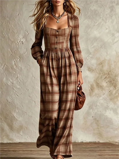 Women's Fashion Square Neck Retro Plaid Long Sleeve Jumpsuit Autumn New Waist Single Breasted Pocket Wide Leg Female Rompers2026
