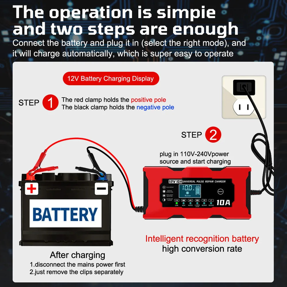 Car Battery Charger Intelligent Smart Battery Charging Universal 12V 10A/6A Fast Power Charging Pulse Repair Tools For SUV Motorcycle Truck RV