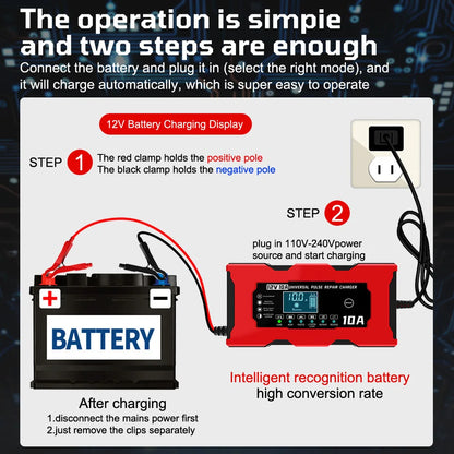 Car Battery Charger Intelligent Smart Battery Charging Universal 12V 10A/6A Fast Power Charging Pulse Repair Tools For SUV Motorcycle Truck RV