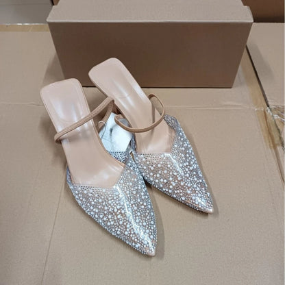 2026 New Fall Women Pointed Toe Stiletto Heel Sandals Peep Toe Clear PVC Rhinestone Pearl Embellished Fairycore Ethereal Dressy Party Shoes