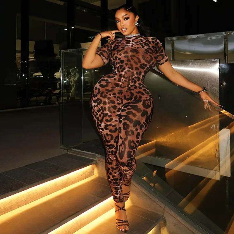 Popular Leopard Jumpsuits Sexy Mesh Thin Short Sleeve Round Neck Skinny Overalls Female Classic Attractive One Piece