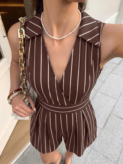 2026 Summer Women Striped Sleeveless V Neck Jumpsuits Elegant Mature Style Casual Short Jumpsuit Ladies One Piece Shorts Outfit