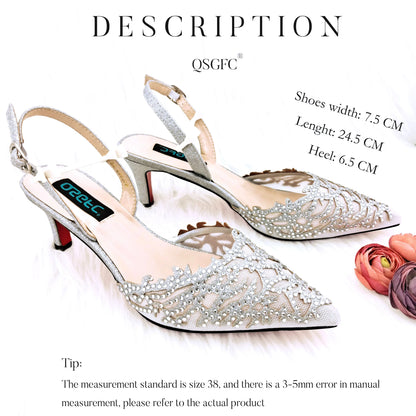 Nigerian Style Elegant Women's Party Shoes  Luxury Full of Diamonds Shoes Sky Blue Pointed High Heel Shoe Bag Set