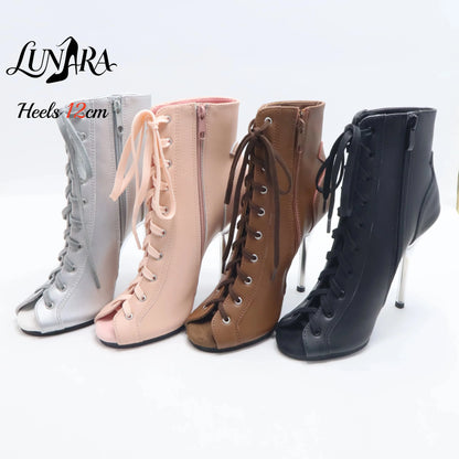 12cm/5Inch Plus size Beige PU Leather Lace-up Side zipper Peep toe High Stilettos Ankle boot Pole dancing Nightclub Rave Parties