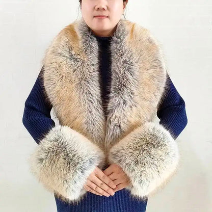 Large Women Faux Fox Fur Scarf Winter Jackets Warm Fluffy Shawl Fashion Artificial Fur Collar And Cuff Set Fluffy Scarves Female