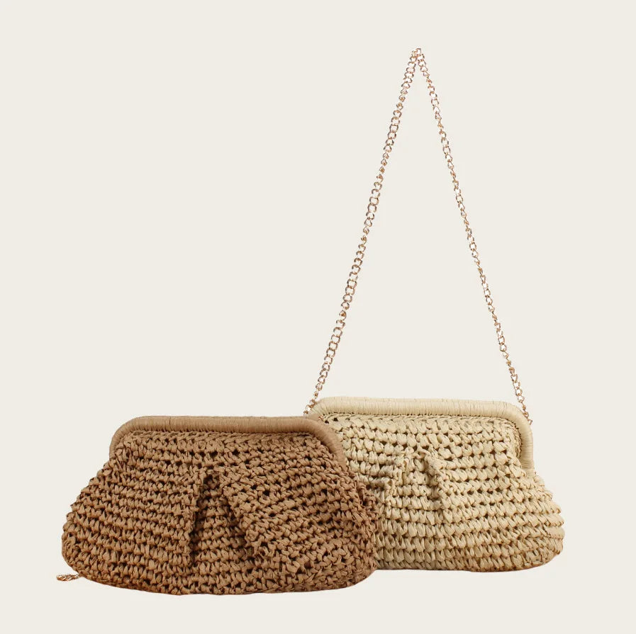 2025 New Women Straw Woven Bag Chain Strap Straw Clutch Purse Large Capacity Stylish Crossbody Bag Solid Color for Summer Beach