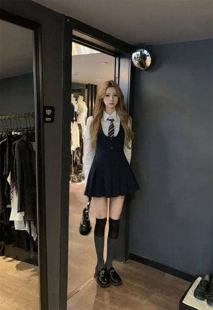 Japan And Korea College Style Jk Set Women's Long Sleeve Shirt Pleated Skirt Strap Dress Set Two Piece Set School Jk Uniform