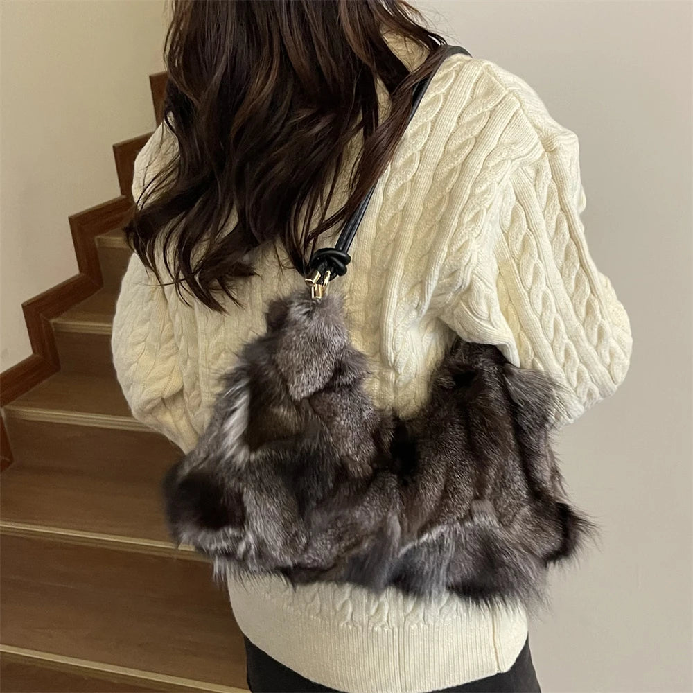 Winter Warm Fox Fur Shoulder Hobo Bags For Women Latest Luxury Designer Purses And Handbags Elegant Evening Bag For Dinner Party