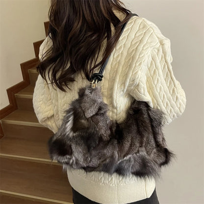 Winter Warm Fox Fur Shoulder Hobo Bags For Women Latest Luxury Designer Purses And Handbags Elegant Evening Bag For Dinner Party