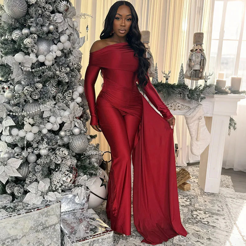 Doyerl Elegant Party Club Outfits Woman Jumpsuits and Rompers Evening Off Shoulder Long Sleeve Ruched One Pieces Overalls Ribbon