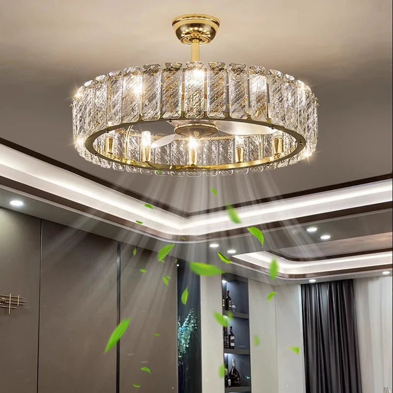 Nordic Luxury Crystal Ceiling Fan Light Modern Minimalist Dining Room Hotel Pendant Lights Living Room Bedroom Silent Fan lamp