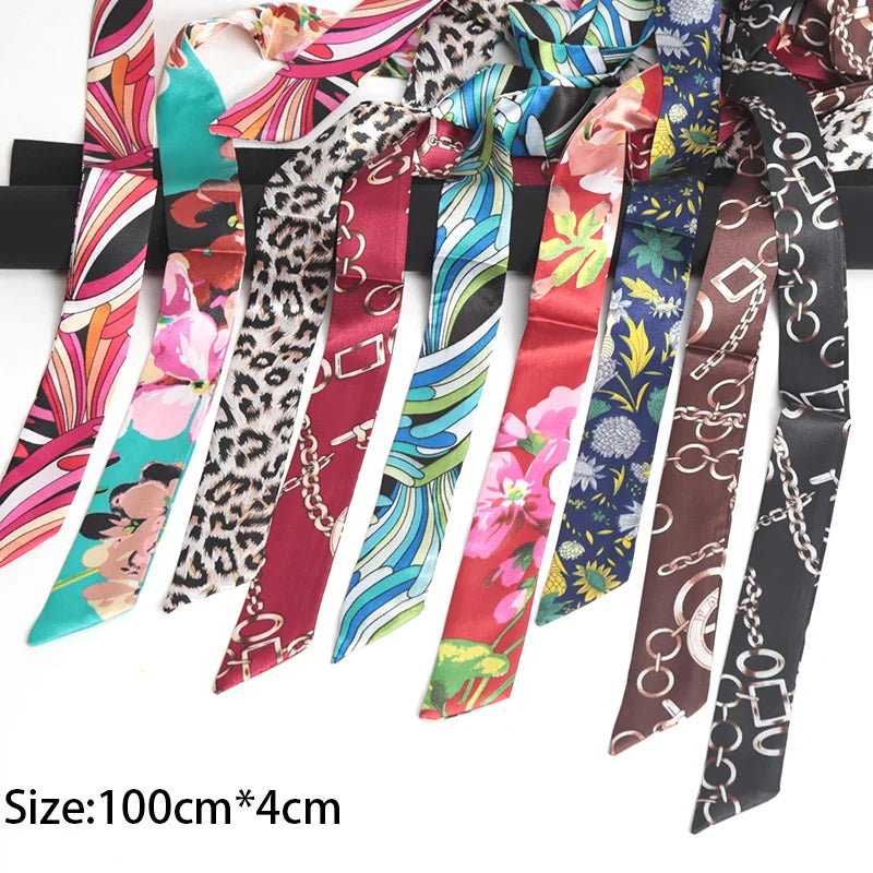 16 Colors Print Flower Small Scarf for Women Narrow Ribbon Headband Female Neckerchief Handle bag Band Hair Tie Accessories