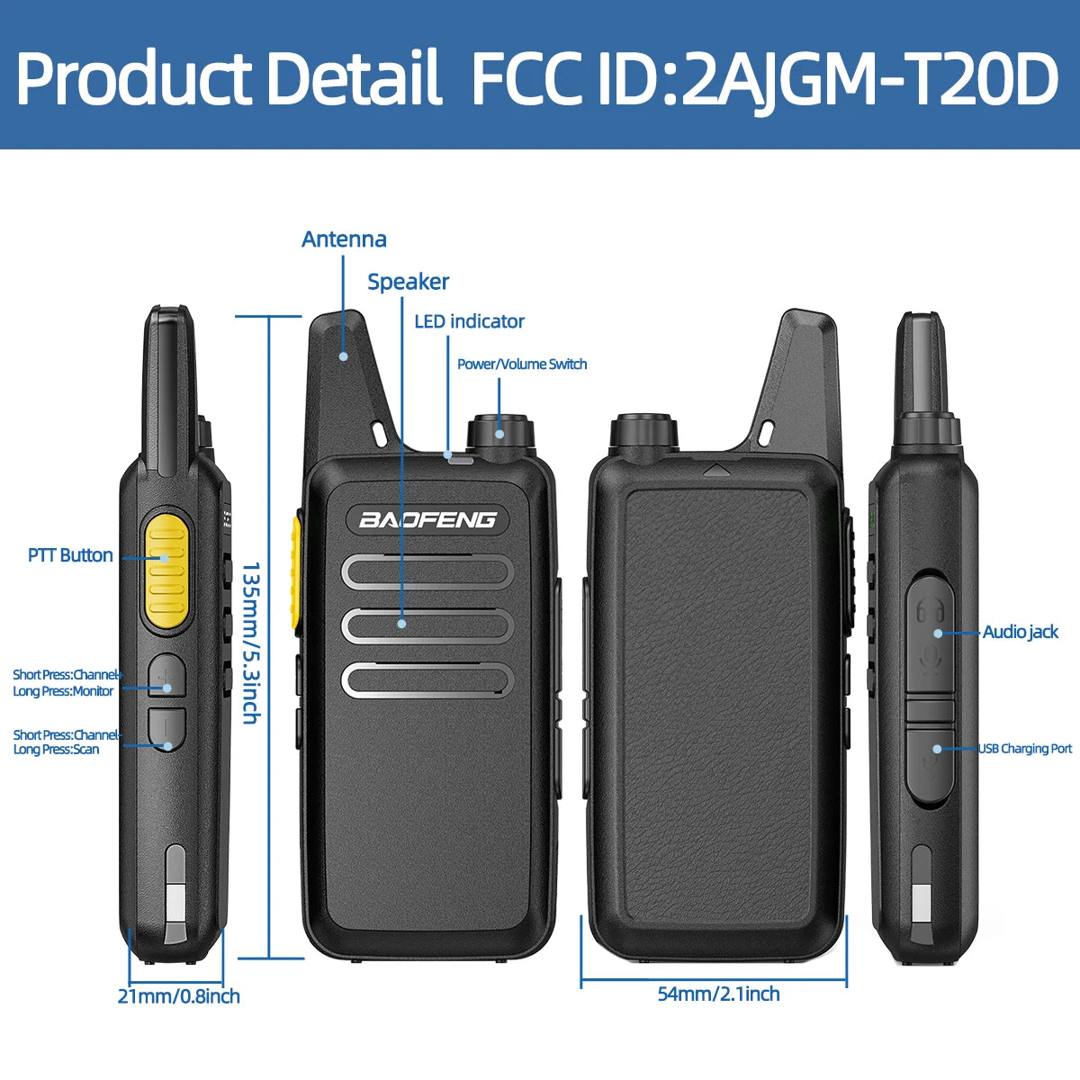 2/4PCS Mini Walkie Talkie Baofeng BF-T20D Portable Two Way Radio Charging USB VOX For BF-C9 BF-888S for Station Hotel Hunting