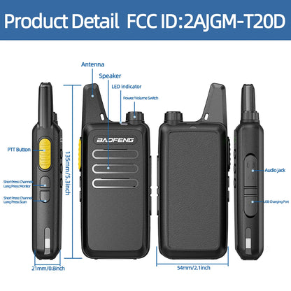2/4PCS Mini Walkie Talkie Baofeng BF-T20D Portable Two Way Radio Charging USB VOX For BF-C9 BF-888S for Station Hotel Hunting